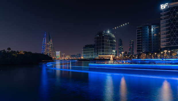 City skyline as night falls